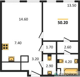 Планировка однокомнатной(квартира) площадью 50.2 квадратных метров в ЖК “ЖК Sydney City (Сидней Сити)”