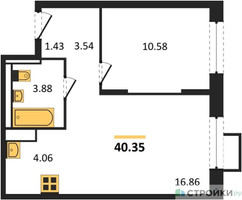 Планировка однокомнатной(квартира) площадью 39.8 квадратных метров в “ЖК Пригород Лесное”