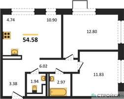 Планировка двухкомнатной(квартира) площадью 54.58 квадратных метров в “ЖК Алхимово”