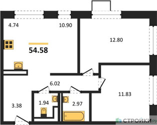 Планировка двухкомнатной(квартира) площадью 54.58 квадратных метров в ЖК “ЖК Алхимово”