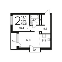 Планировка двухкомнатной(квартира) площадью 42.8 квадратных метров в “Новые Ватутинки. Заречный”