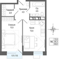 Планировка однокомнатной(квартира) площадью 39.3 квадратных метров в “ЖК КИНОКВАРТАЛ”