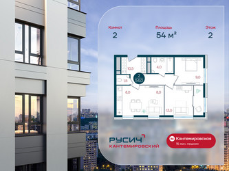 Планировка двухкомнатной(квартира) площадью 54 квадратных метров в ЖК “ЖК РУСИЧ-Кантемировский”