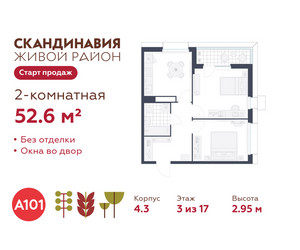 Планировка двухкомнатной(квартира) площадью 52.6 квадратных метров в ЖК “ЖК Скандинавия”