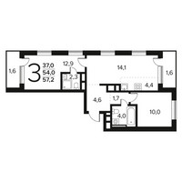 Планировка трехкомнатной(квартира) площадью 57.2 квадратных метров в “Новые Ватутинки. Заречный”