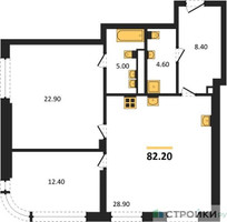 Планировка двухкомнатной(квартира) площадью 82.2 квадратных метров в “Архитектурный проект U2 (ЮТУ)”