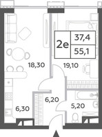Планировка двухкомнатной(квартира) площадью 55.1 квадратных метров в “ЖК Will Towers (Вилл Тауэрс)”