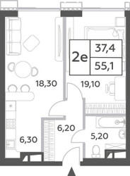 Планировка двухкомнатной(квартира) площадью 55.1 квадратных метров в ЖК “ЖК Will Towers (Вилл Тауэрс)”