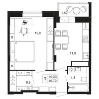 Планировка однокомнатной(квартира) площадью 46.7 квадратных метров в “ЖК Времена года”