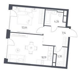 Планировка однокомнатной(квартира) площадью 45.53 квадратных метров в ЖК “ЖК Квартал на воде (Графика на воде)”
