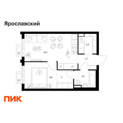 Планировка однокомнатной(квартира) площадью 37.4 квадратных метров в ЖК “ЖК Ярославский”