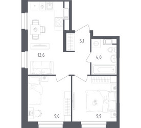 Планировка двухкомнатной(квартира) площадью 41.2 квадратных метров в ЖК “ЖК Ольховый Квартал”