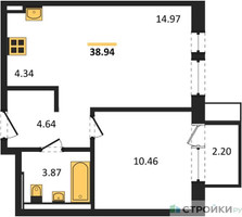 Планировка однокомнатной(квартира) площадью 38.94 квадратных метров в “ЖК Квартал Авиаторов”