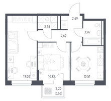 Планировка двухкомнатной(квартира) площадью 52.53 квадратных метров в “ЖК Богдановский Лес”