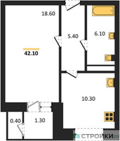 Планировка однокомнатной(квартира) площадью 42.9 квадратных метров в “ЖК Три квартала”
