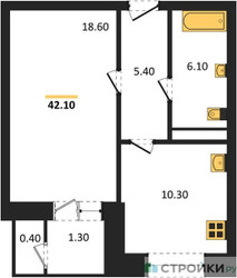 Планировка однокомнатной(квартира) площадью 42.9 квадратных метров в ЖК “ЖК Три квартала”
