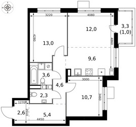 Планировка трехкомнатной(квартира) площадью 64.8 квадратных метров в ЖК “ЖК 1-й Саларьевский (Первый Саларьевский)”