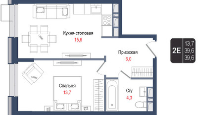 Планировка двухкомнатной(квартира) площадью 39.6 квадратных метров в ЖК “ЖК КИНОКВАРТАЛ”