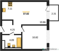 Планировка однокомнатной(квартира) площадью 37.82 квадратных метров в “ЖК Мытищи Парк”