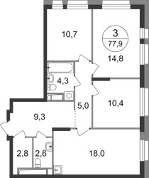 Планировка трехкомнатной(квартира) площадью 77.9 квадратных метров в ЖК “ЖК Первый Московский”
