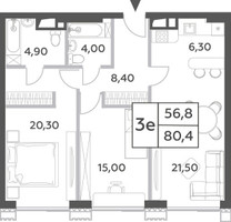 Планировка трехкомнатной(квартира) площадью 80.4 квадратных метров в “ЖК Will Towers (Вилл Тауэрс)”