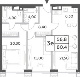 Планировка трехкомнатной(квартира) площадью 80.4 квадратных метров в ЖК “ЖК Will Towers (Вилл Тауэрс)”