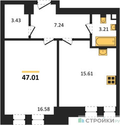 Планировка однокомнатной(квартира) площадью 47.01 квадратных метров в ЖК “ЖК Sezar City (Сезар Сити)”