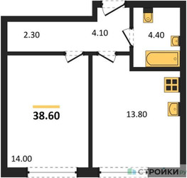 Планировка однокомнатной(квартира) площадью 38.6 квадратных метров в ЖК “ЖК Шагал”