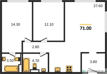 Планировка двухкомнатной(квартира) площадью 71.6 квадратных метров в ЖК “ЖК Wave (Вейв)”