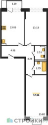 Планировка двухкомнатной(квартира) площадью 57.96 квадратных метров в “ЖК Новое Видное”