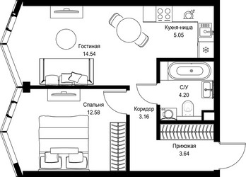 Планировка однокомнатной(квартира) площадью 43.17 квадратных метров в ЖК “Дом премиум-класса МИРА”