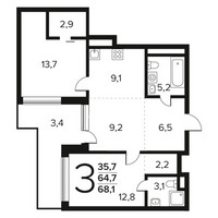 Планировка трехкомнатной(квартира) площадью 68.1 квадратных метров в “Новые Ватутинки. Заречный”