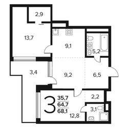 Планировка трехкомнатной(квартира) площадью 68.1 квадратных метров в ЖК “Новые Ватутинки. Заречный”