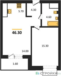 Планировка однокомнатной(квартира) площадью 46.3 квадратных метров в ЖК “ЖК Вестердам”