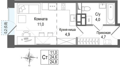 Планировка студии(квартира) площадью 24.6 квадратных метров в ЖК “ЖК КИНОКВАРТАЛ”