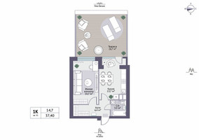 Планировка однокомнатной(квартира) площадью 42.7 квадратных метров в “ЖК Новое Замитино (ЗаМитино)”