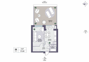Планировка однокомнатной(квартира) площадью 42.7 квадратных метров в ЖК “ЖК Новое Замитино (ЗаМитино)”