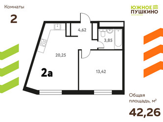 Планировка двухкомнатной(квартира) площадью 42.26 квадратных метров в ЖК “ЖК Южное Пушкино”