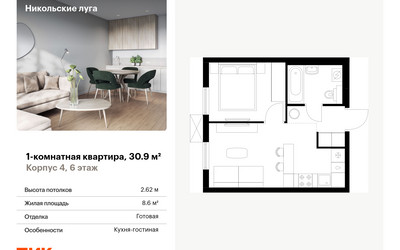 Планировка однокомнатной(квартира) площадью 30.9 квадратных метров в ЖК “ЖК Никольские луга”