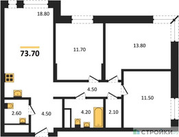 Планировка трехкомнатной(квартира) площадью 73.7 квадратных метров в “ЖК Первый Московский”