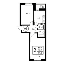 Планировка двухкомнатной(квартира) площадью 61.2 квадратных метров в ЖК “ЖК Космос”