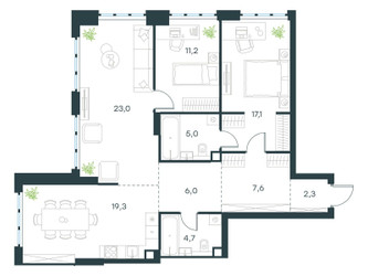 Планировка трехкомнатной(квартира) площадью 96.2 квадратных метров в ЖК “ЖК Левел Южнопортовая”