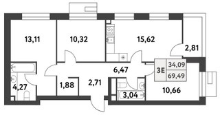 Планировка трехкомнатной(квартира) площадью 69.4 квадратных метров в “ЖК Smart Garden (Смарт Гарден)”