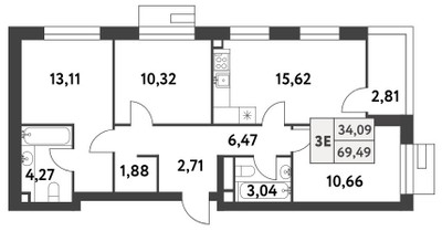 Планировка трехкомнатной(квартира) площадью 69.4 квадратных метров в “ЖК Smart Garden (Смарт Гарден)”