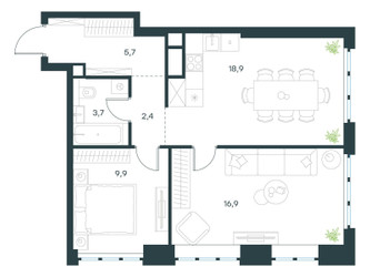 Планировка двухкомнатной(квартира) площадью 57.5 квадратных метров в ЖК “ЖК Левел Южнопортовая”