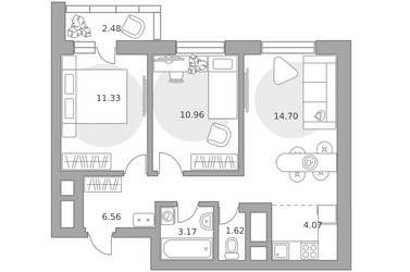 Планировка трехкомнатной(квартира) площадью 54.89 квадратных метров в ЖК “ЖК Ильинойс”