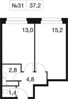 Планировка однокомнатной(квартира) площадью 37.3 квадратных метров в “ЖК Идеал”