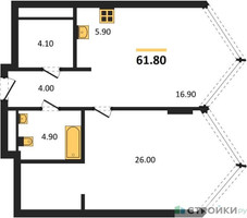 Планировка однокомнатной(квартира) площадью 61.8 квадратных метров в “ЖК Монблан”