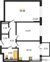 Планировка двухкомнатной(квартира) площадью 53.1 квадратных метров в “ЖК Мытищи Парк”