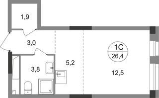 Планировка студии(квартира) площадью 26.4 квадратных метров в “ЖК Первый Московский”
